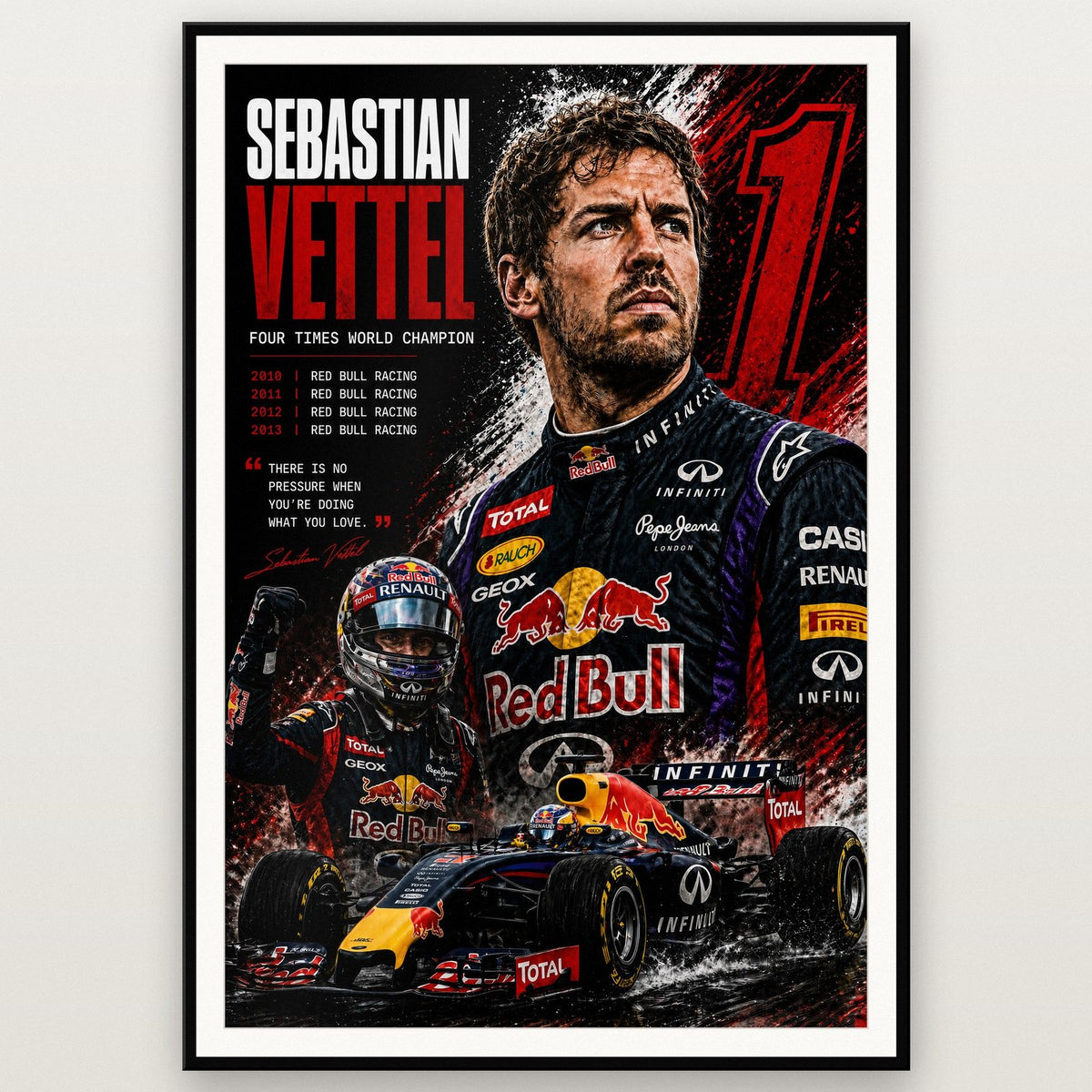 Sebastian Vettel F1 Champion Print shown in a black frame