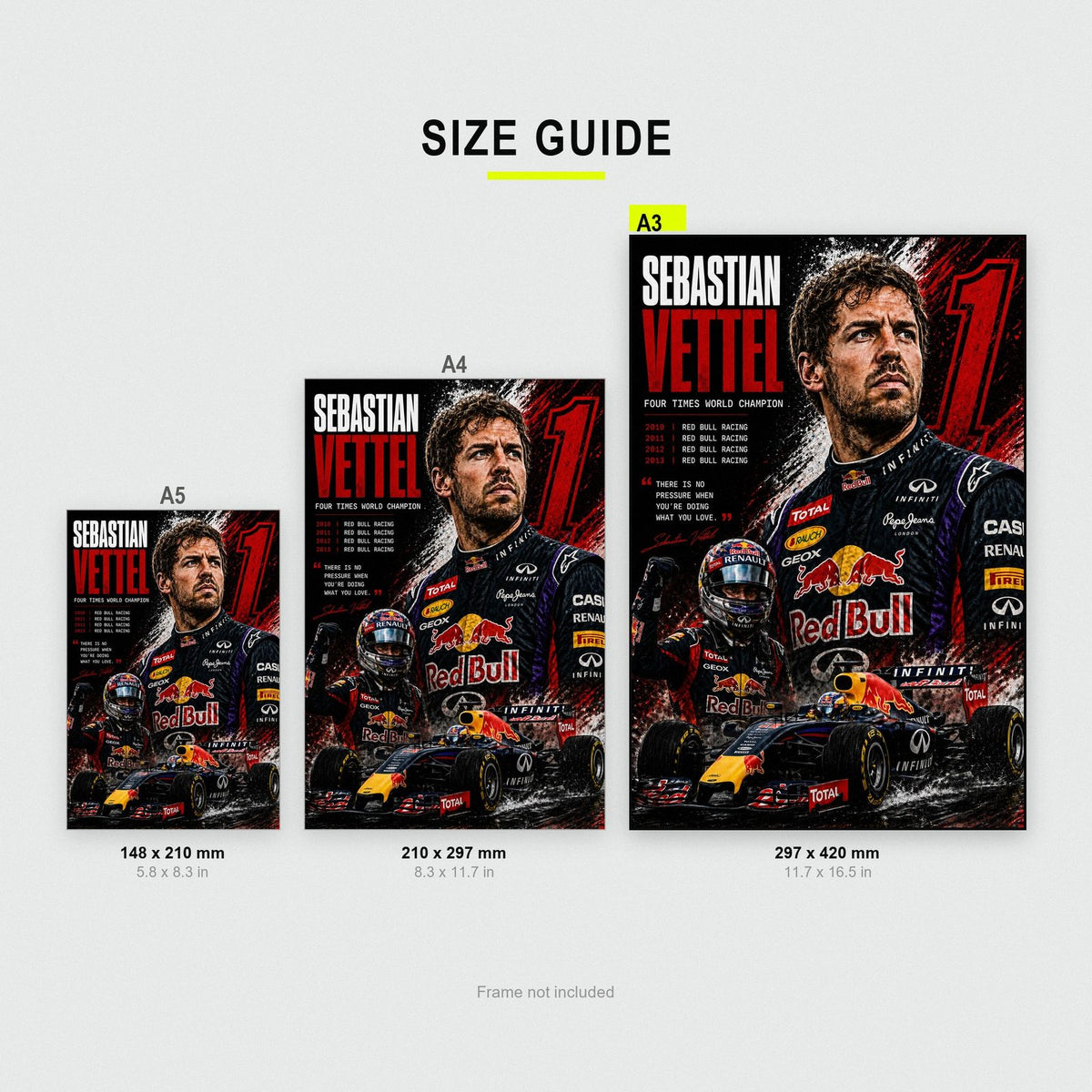 Sebastian Vettel F1 Champion Print size guide showing A3, A4 and A5