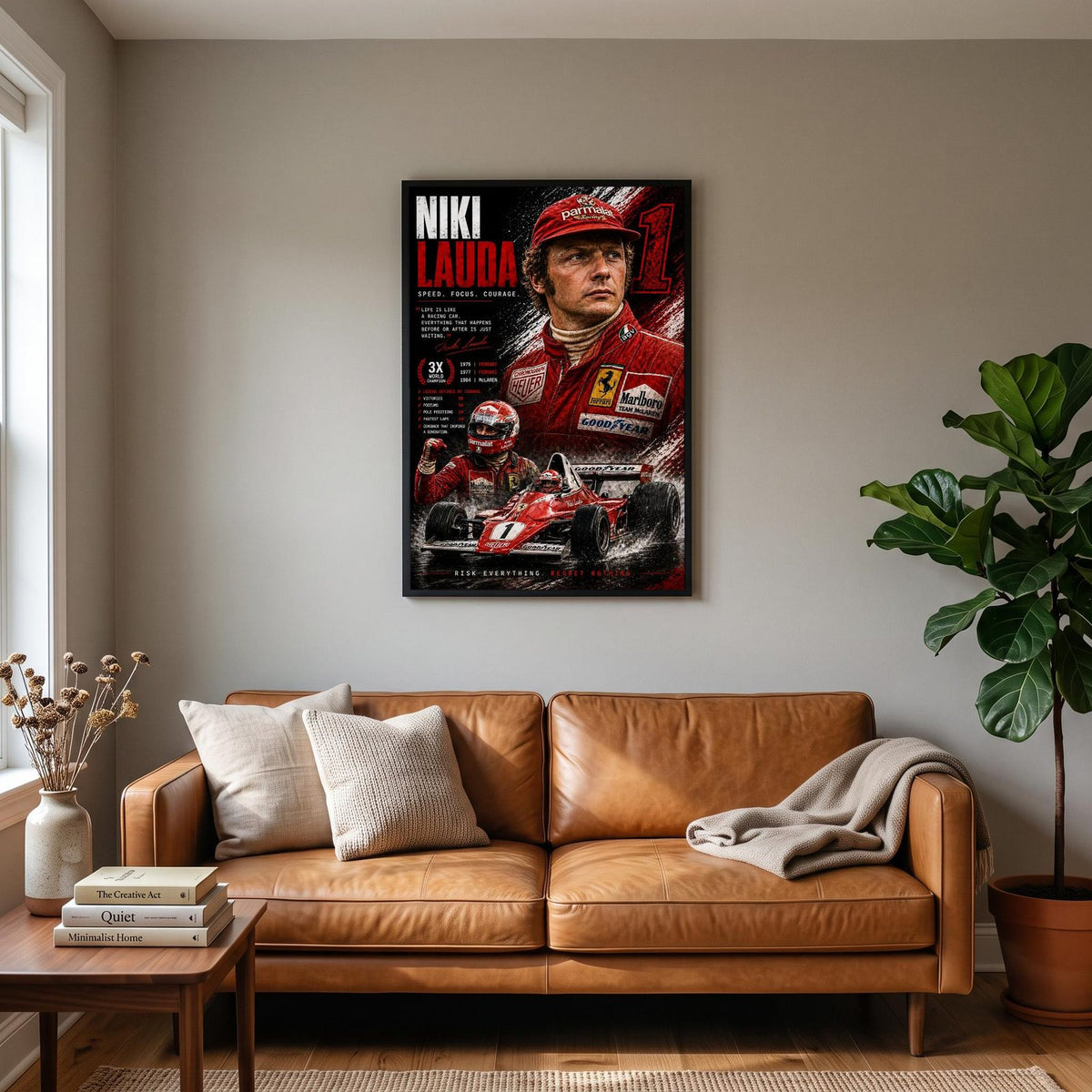 Niki Lauda F1 World Champion Print hanging on a living room wall