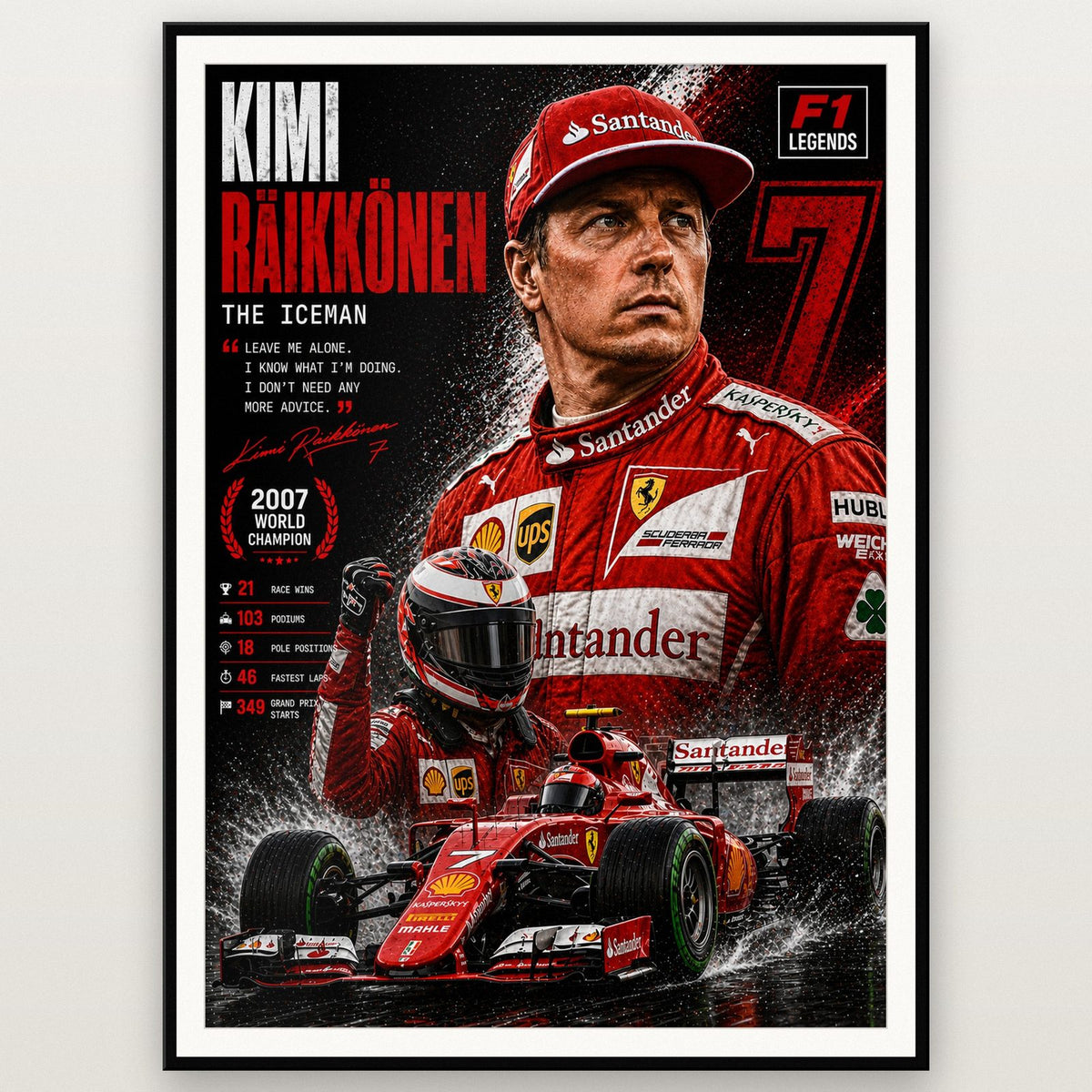 Kimi Räikkönen F1 Legend Print shown in a black frame