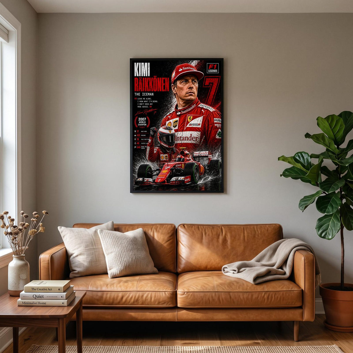 Kimi Räikkönen F1 Legend Print hanging on a living room wall