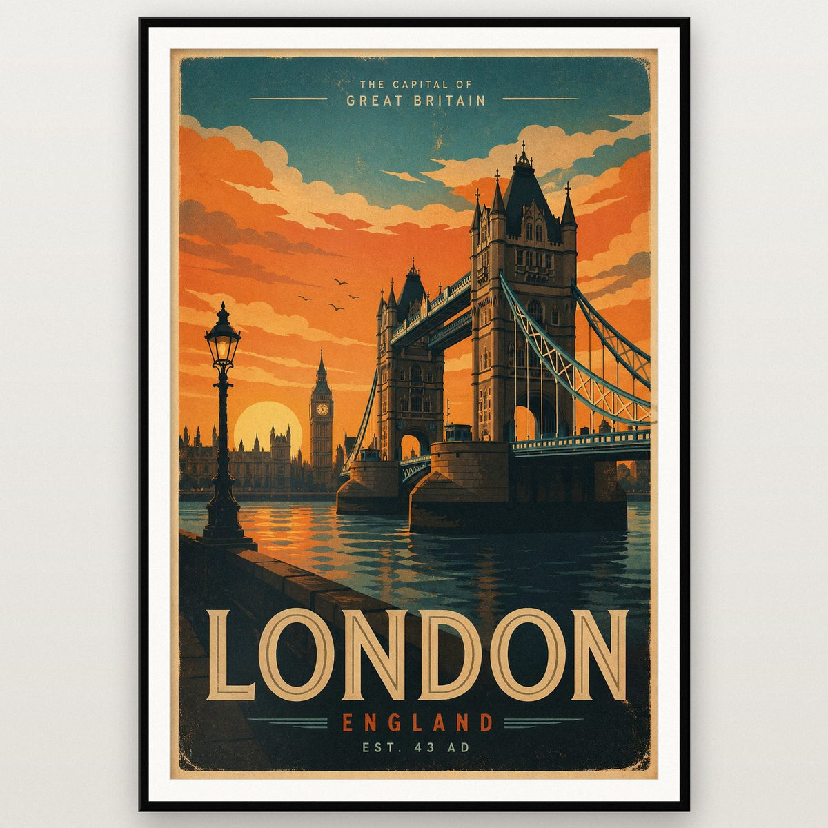 Vintage London Tower Bridge Poster shown in a black frame