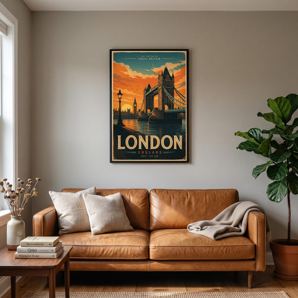 Vintage London Tower Bridge Poster hanging on a living room wall