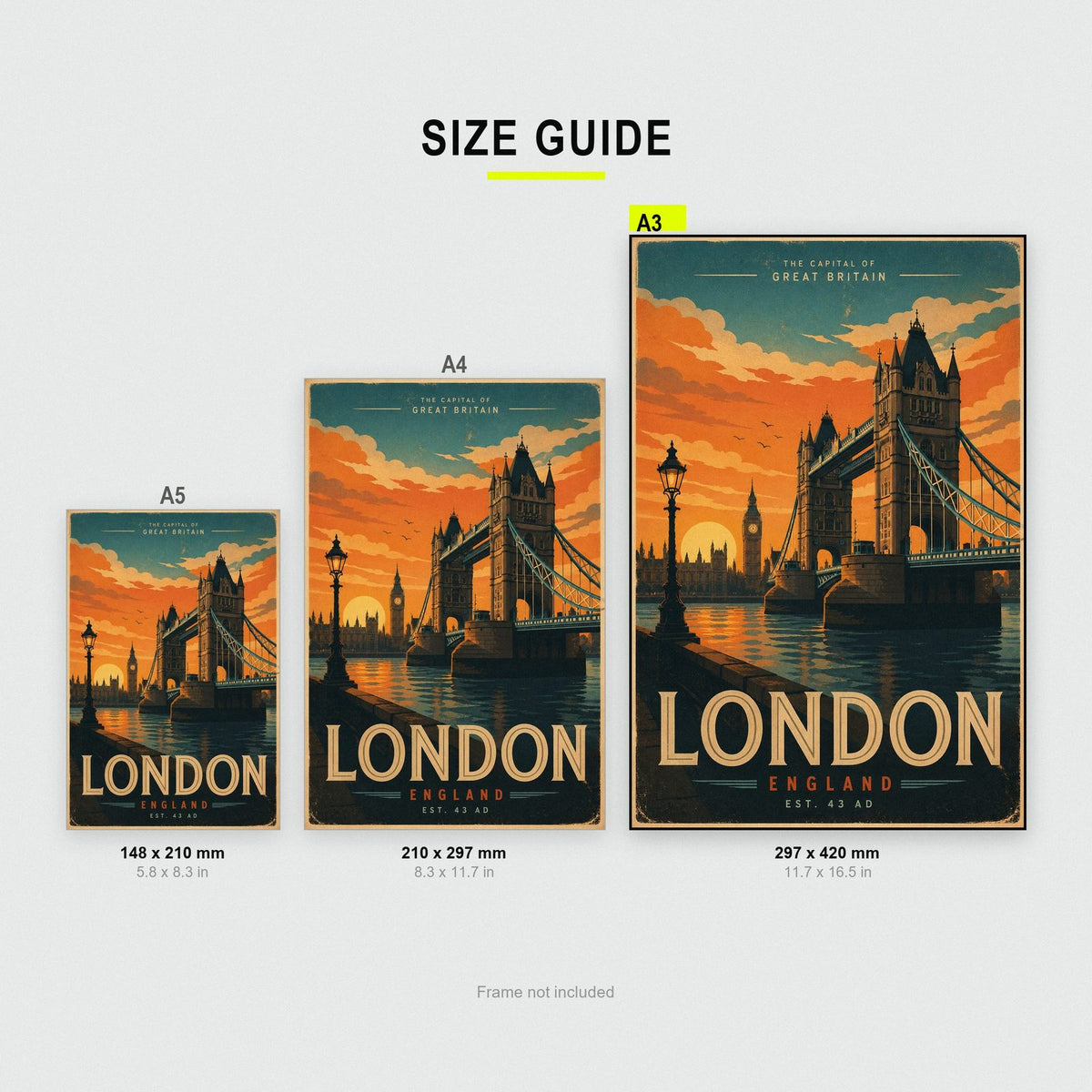 Vintage London Tower Bridge Poster size guide showing A3, A4 and A5