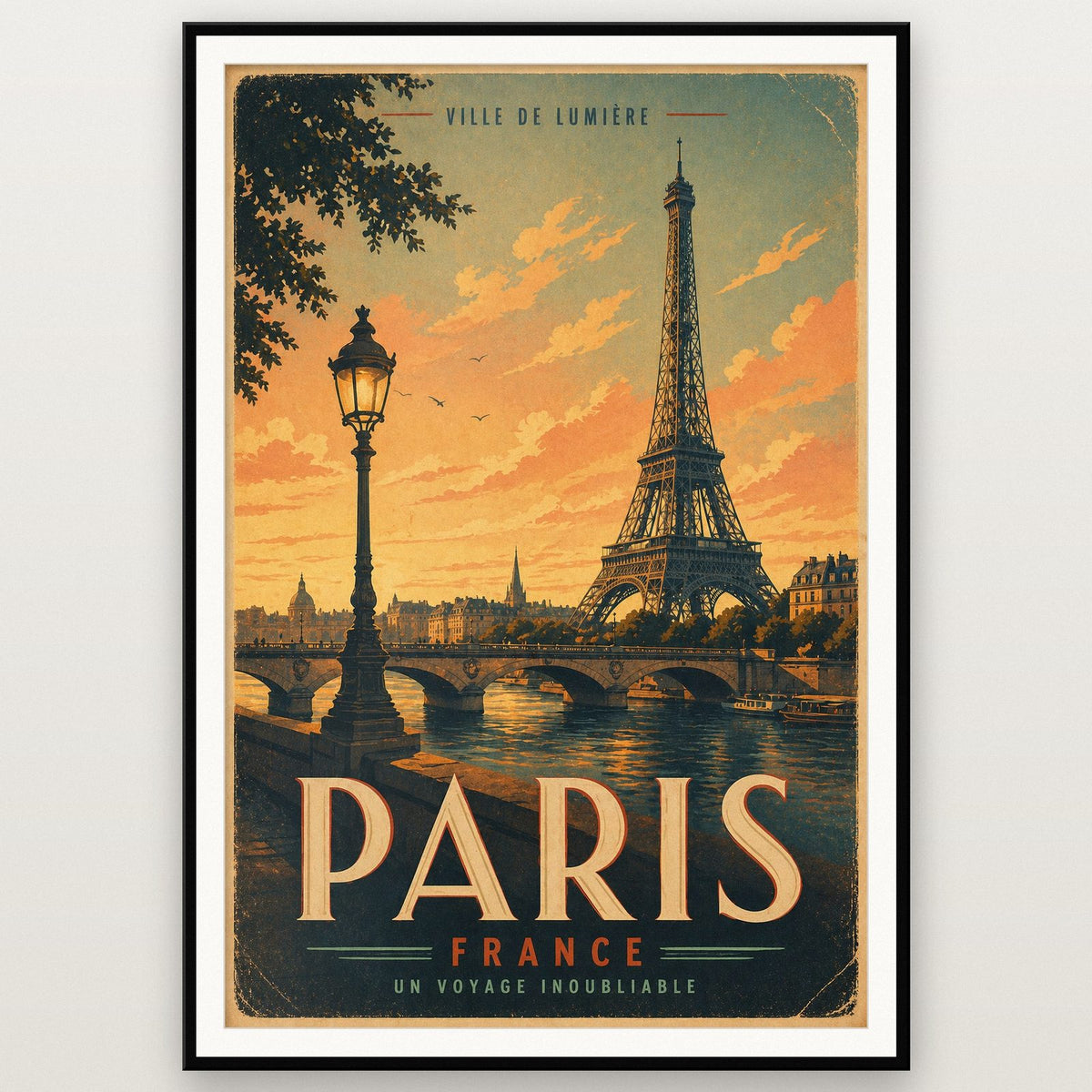 Paris Travel Poster shown in a black frame