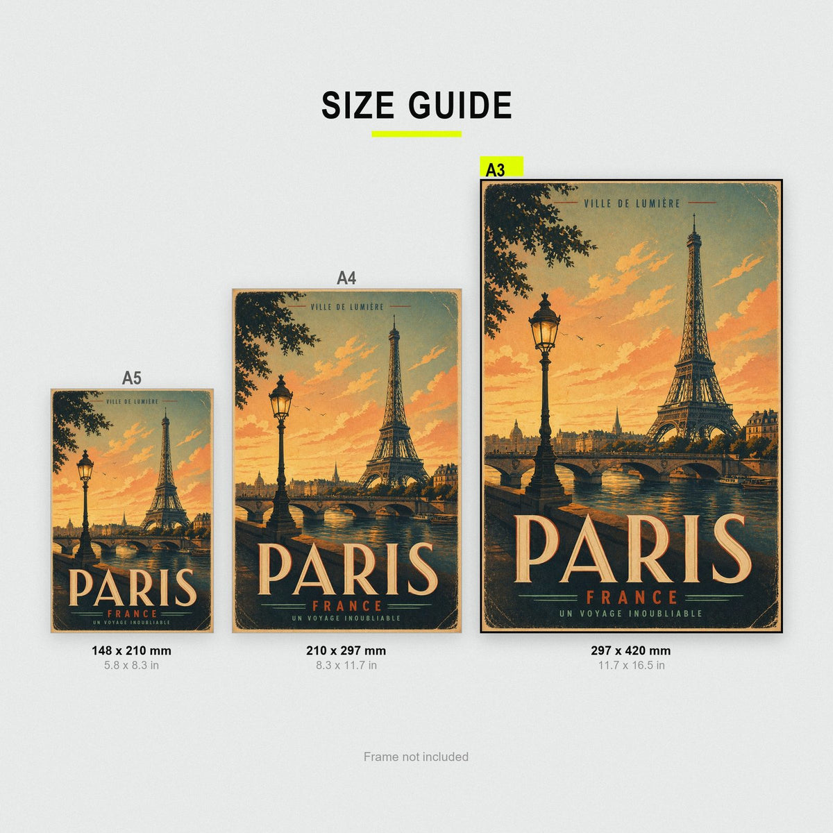 Paris Travel Poster size guide showing A3, A4 and A5