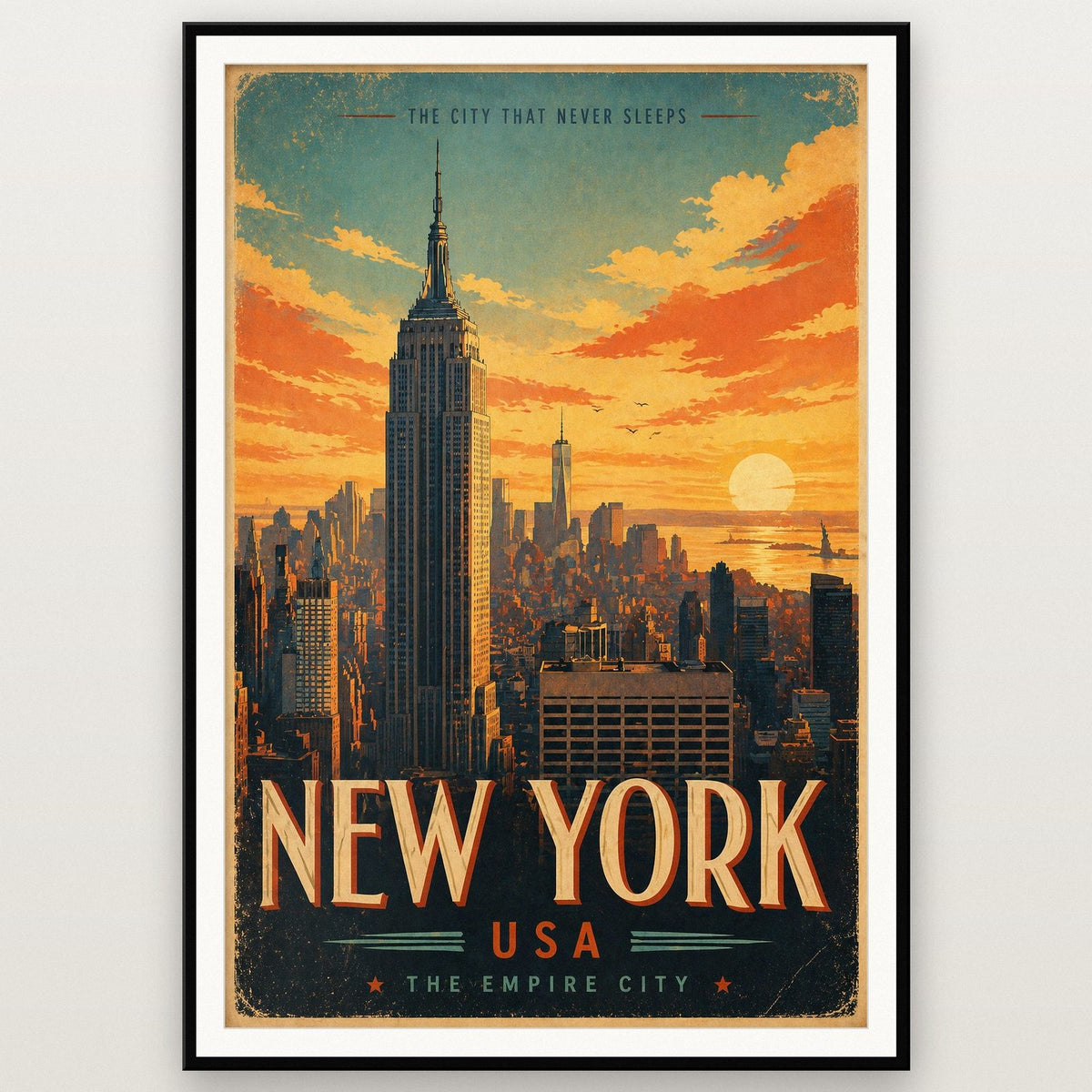 New York Empire State Building Vintage Travel Poster shown in a black frame