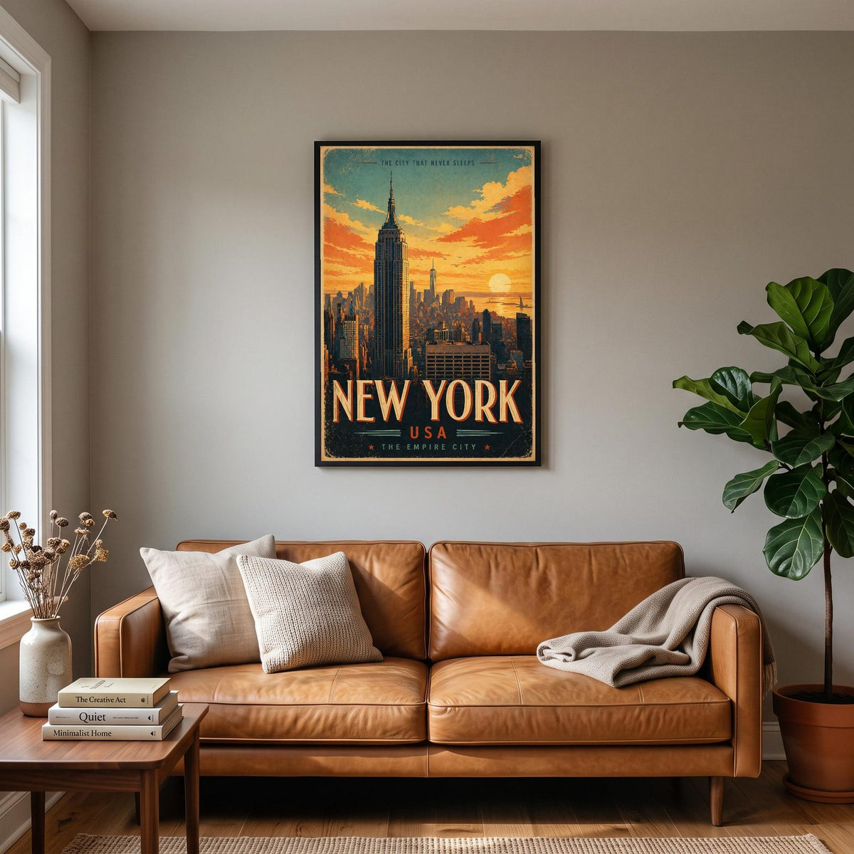 New York Empire State Building Vintage Travel Poster hanging on a living room wall