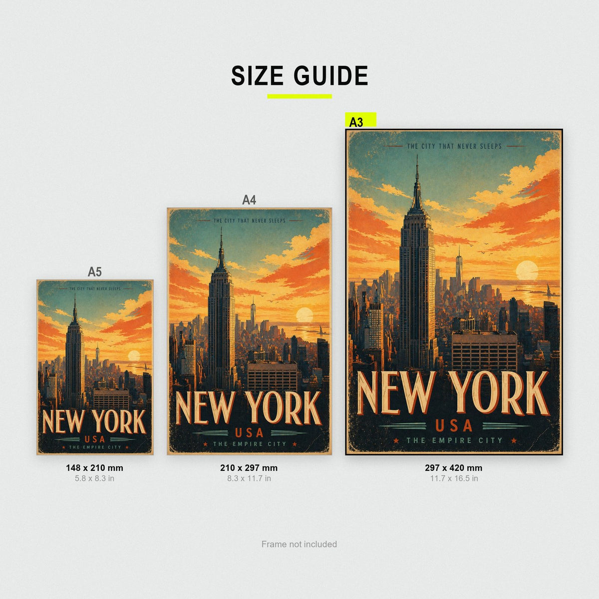 New York Empire State Building Vintage Travel Poster size guide showing A3, A4 and A5