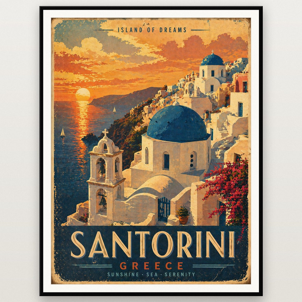Santorini Travel Poster shown in a black frame