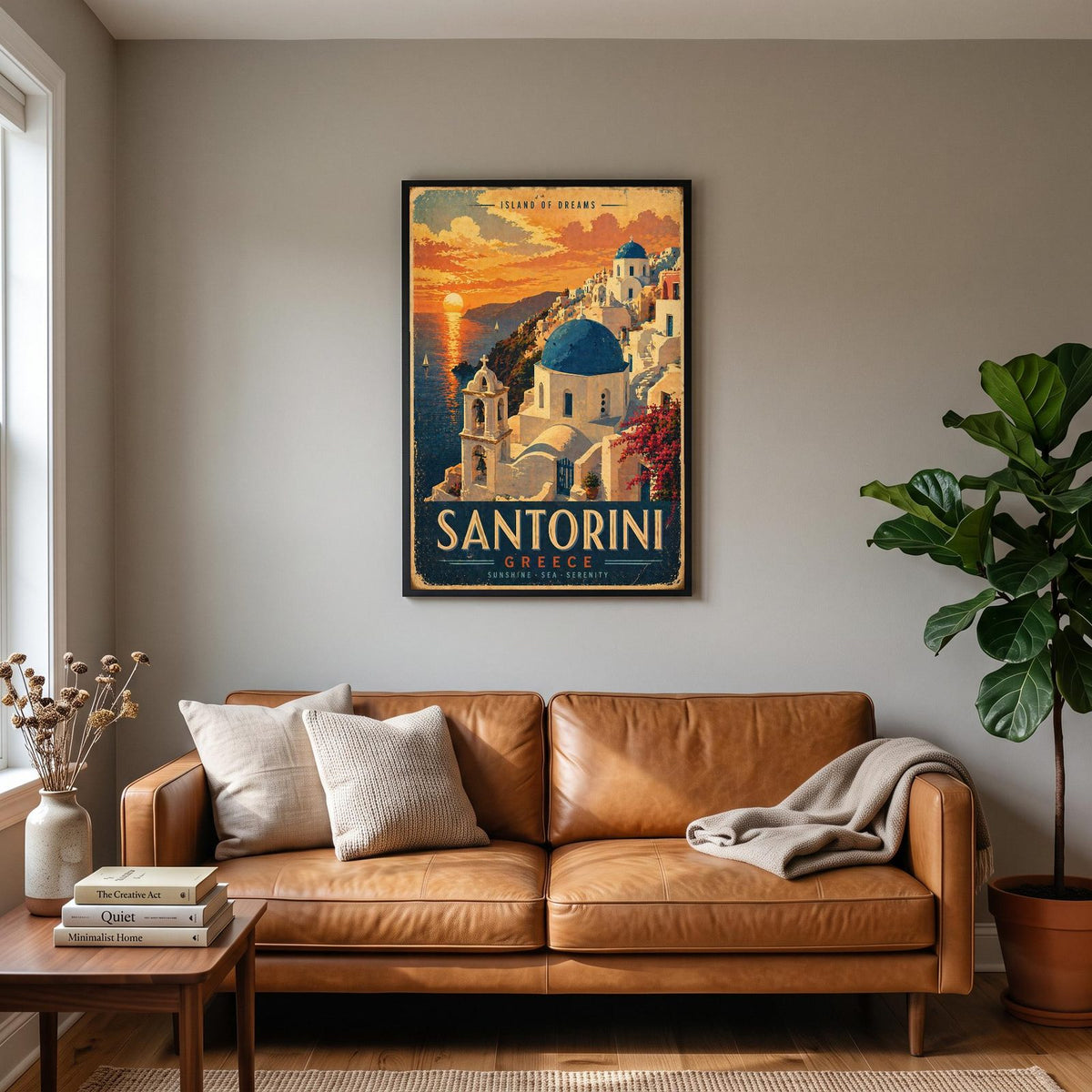 Santorini Travel Poster hanging on a living room wall