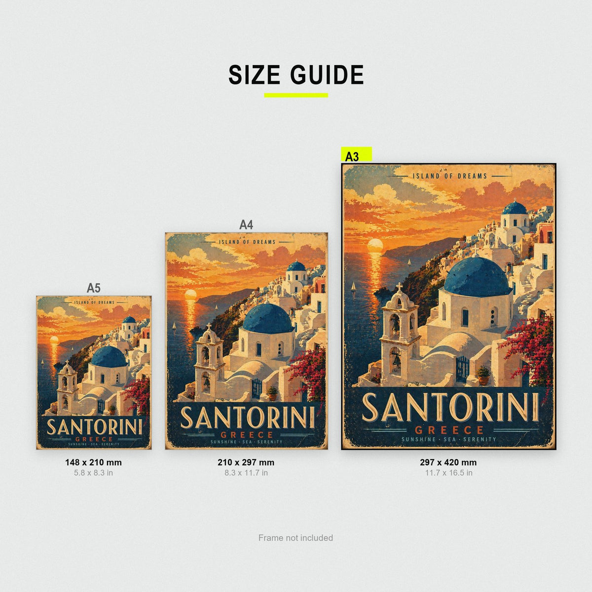 Santorini Travel Poster size guide showing A3, A4 and A5