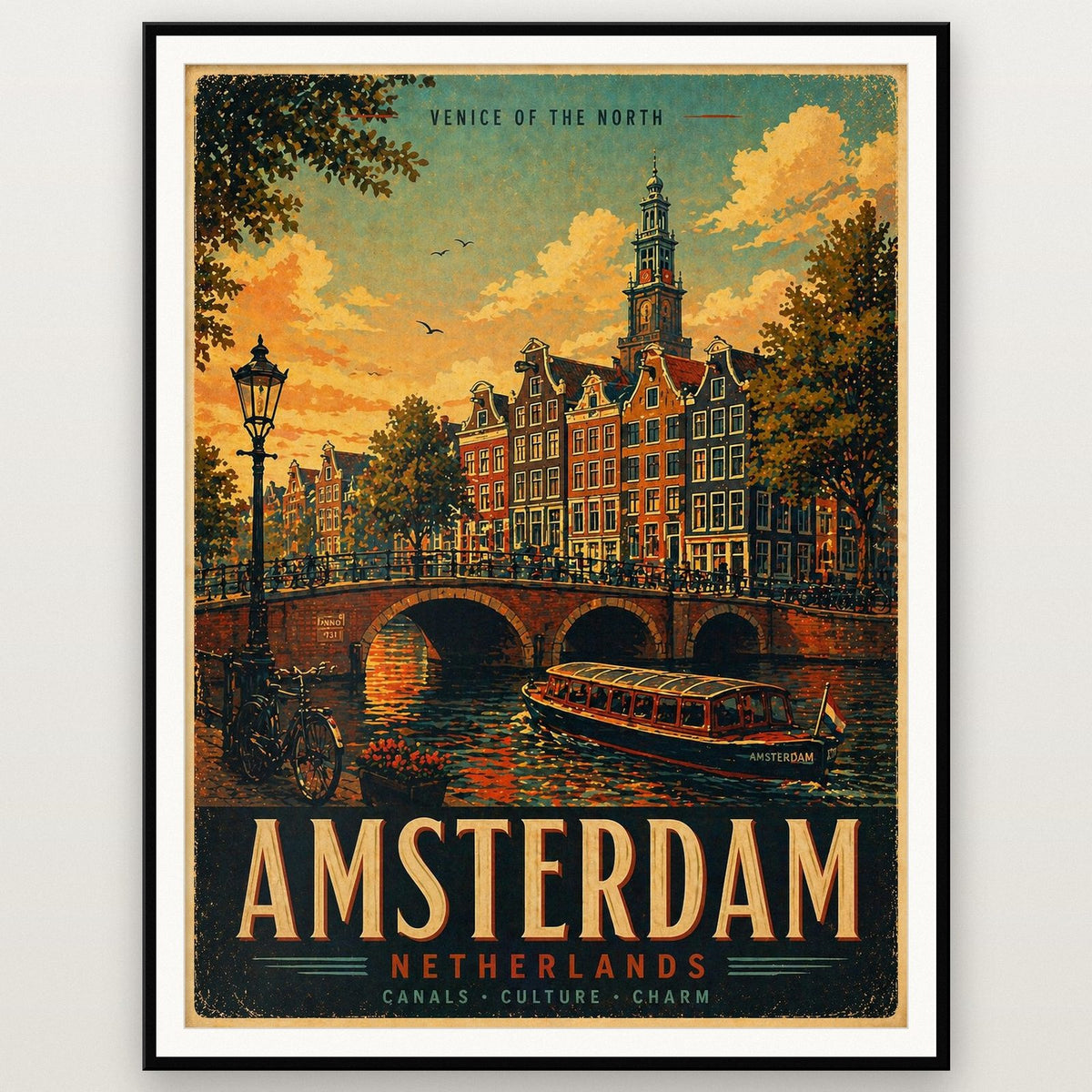 Amsterdam Travel Poster shown in a black frame