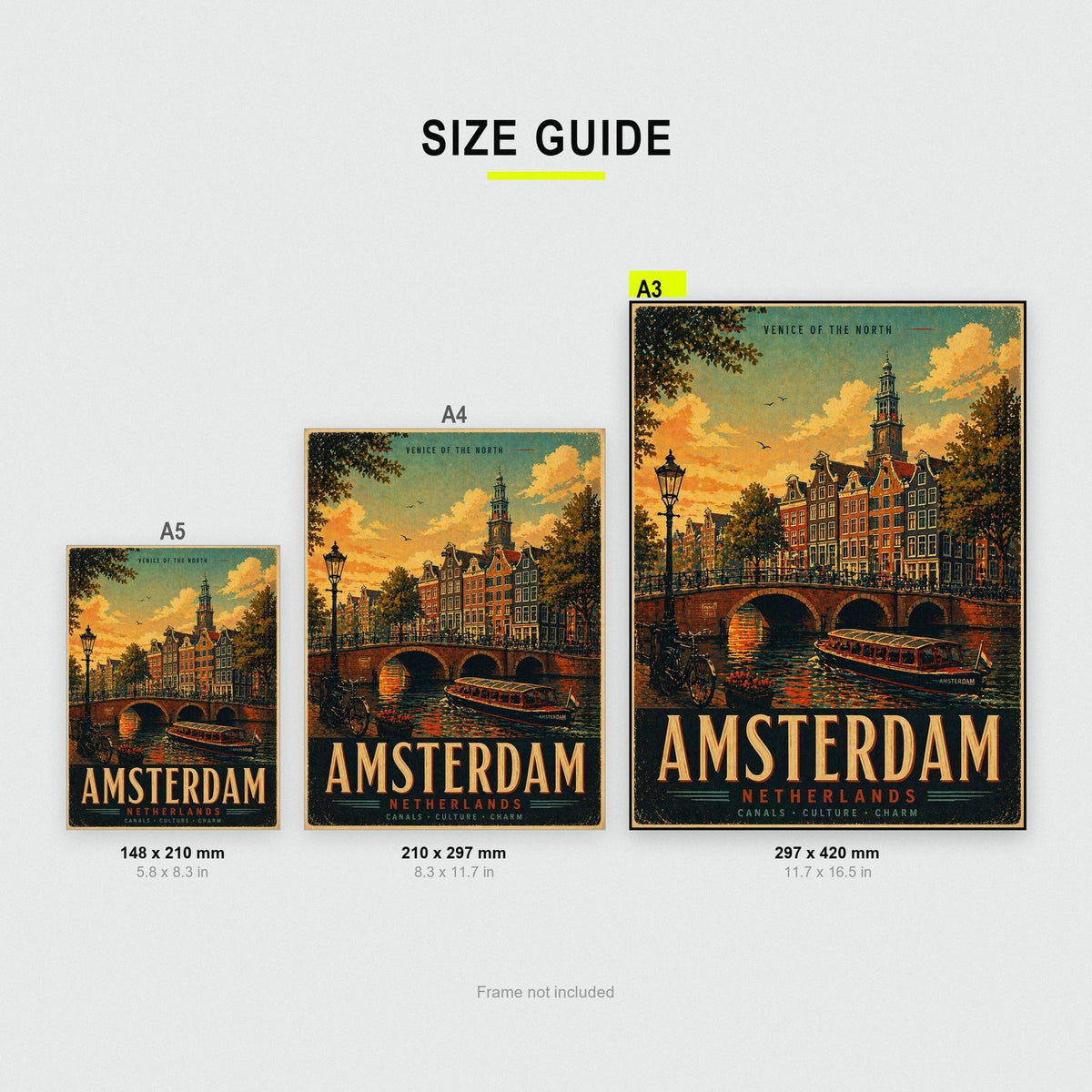 Amsterdam Travel Poster size guide showing A3, A4 and A5