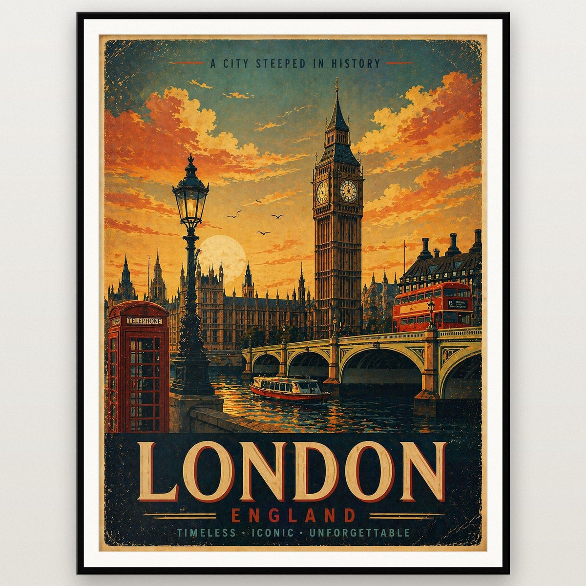 Big Ben London Travel Poster shown in a black frame