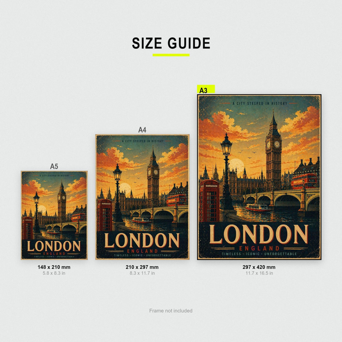 Big Ben London Travel Poster size guide showing A3, A4 and A5