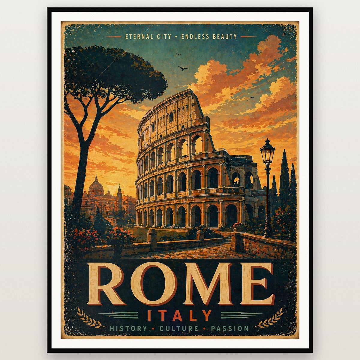 Rome Colosseum Travel Poster shown in a black frame
