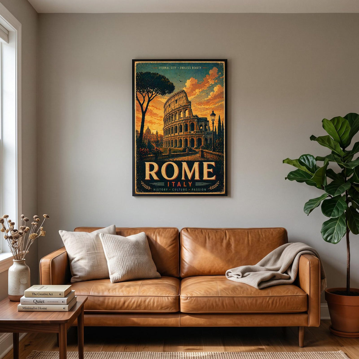 Rome Colosseum Travel Poster hanging on a living room wall