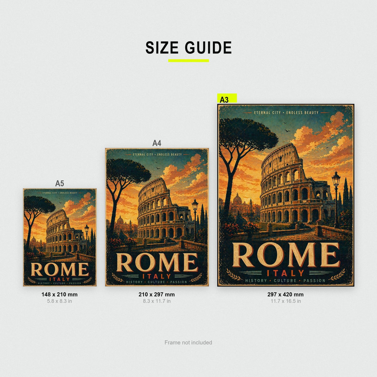 Rome Colosseum Travel Poster size guide showing A3, A4 and A5