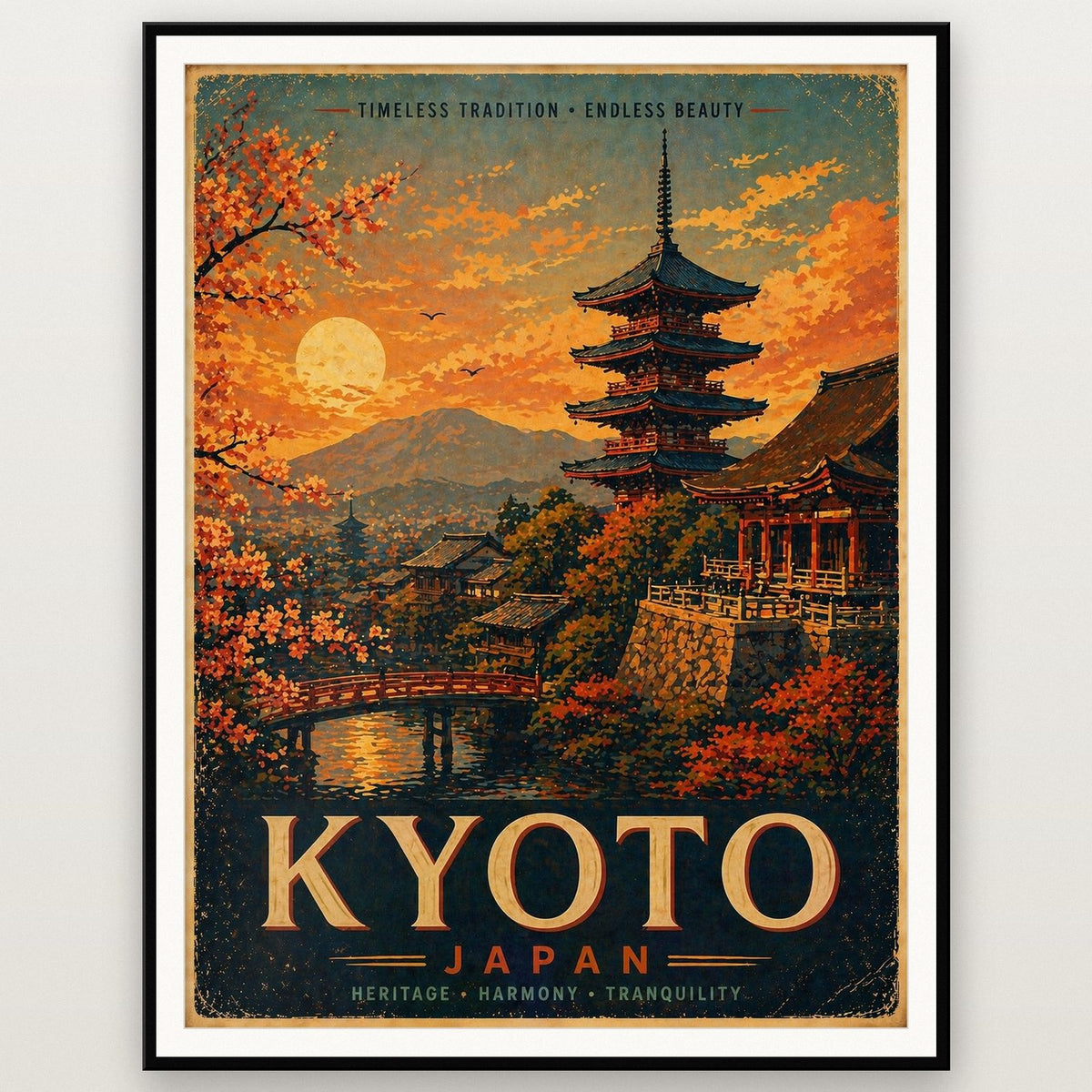 Kyoto Travel Poster shown in a black frame