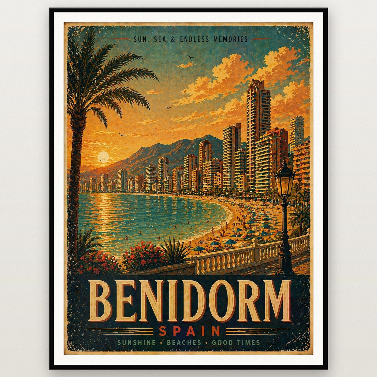Benidorm Travel Poster shown in a black frame