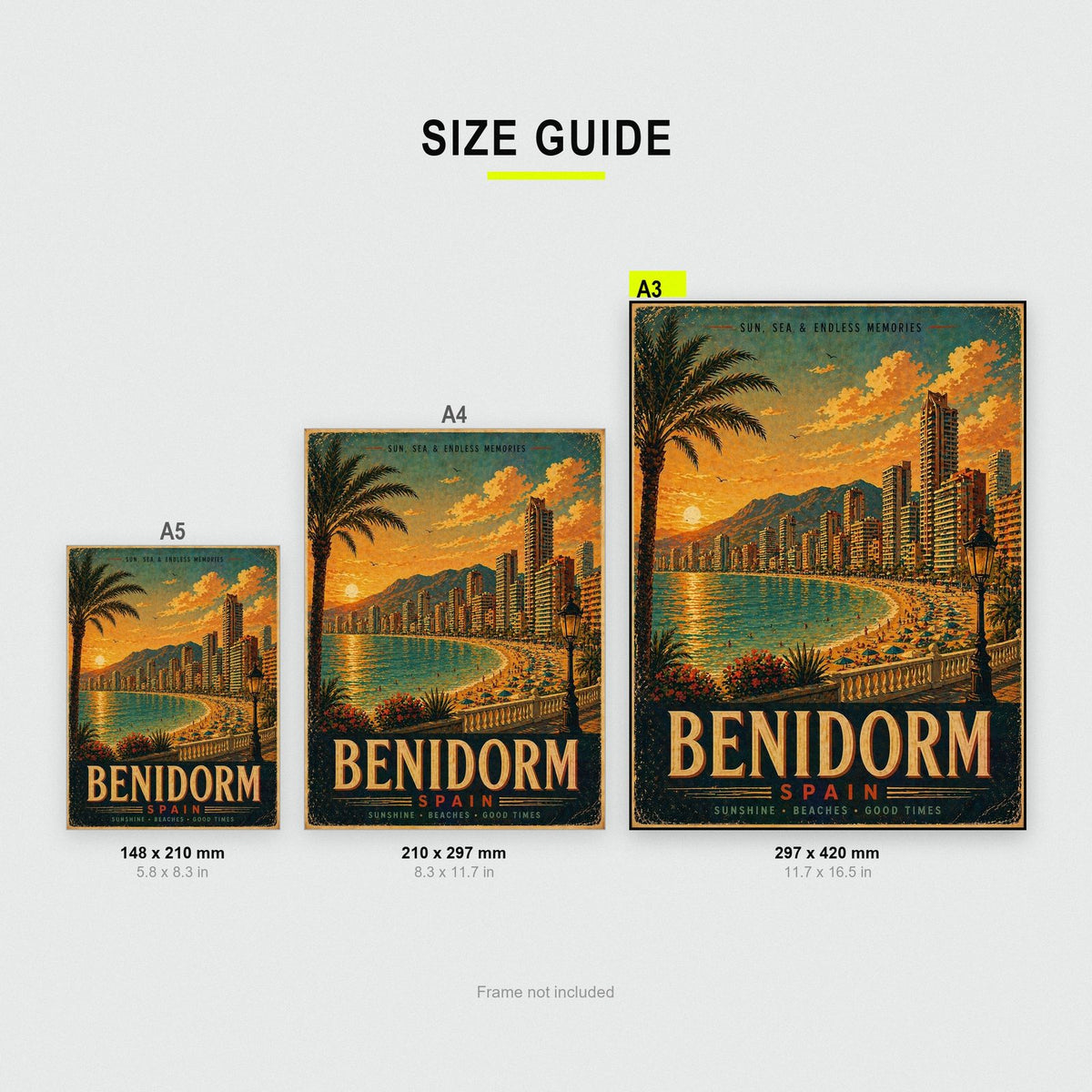 Benidorm Travel Poster size guide showing A3, A4 and A5
