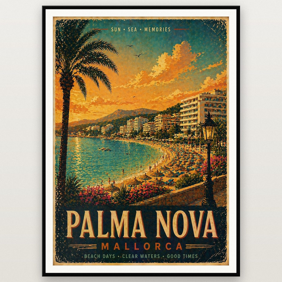 Palma Nova Mallorca Travel Poster shown in a black frame