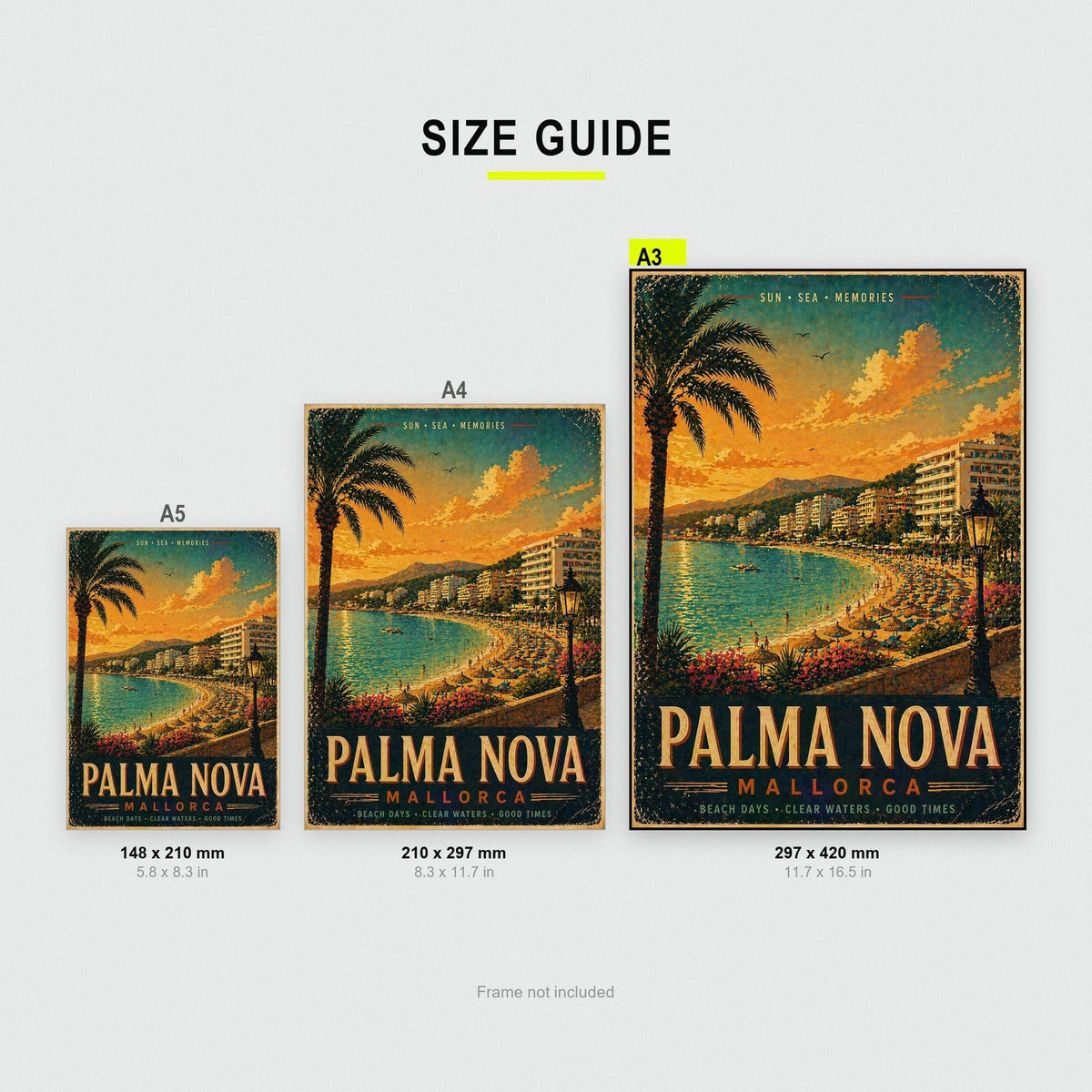 Palma Nova Mallorca Travel Poster size guide showing A3, A4 and A5