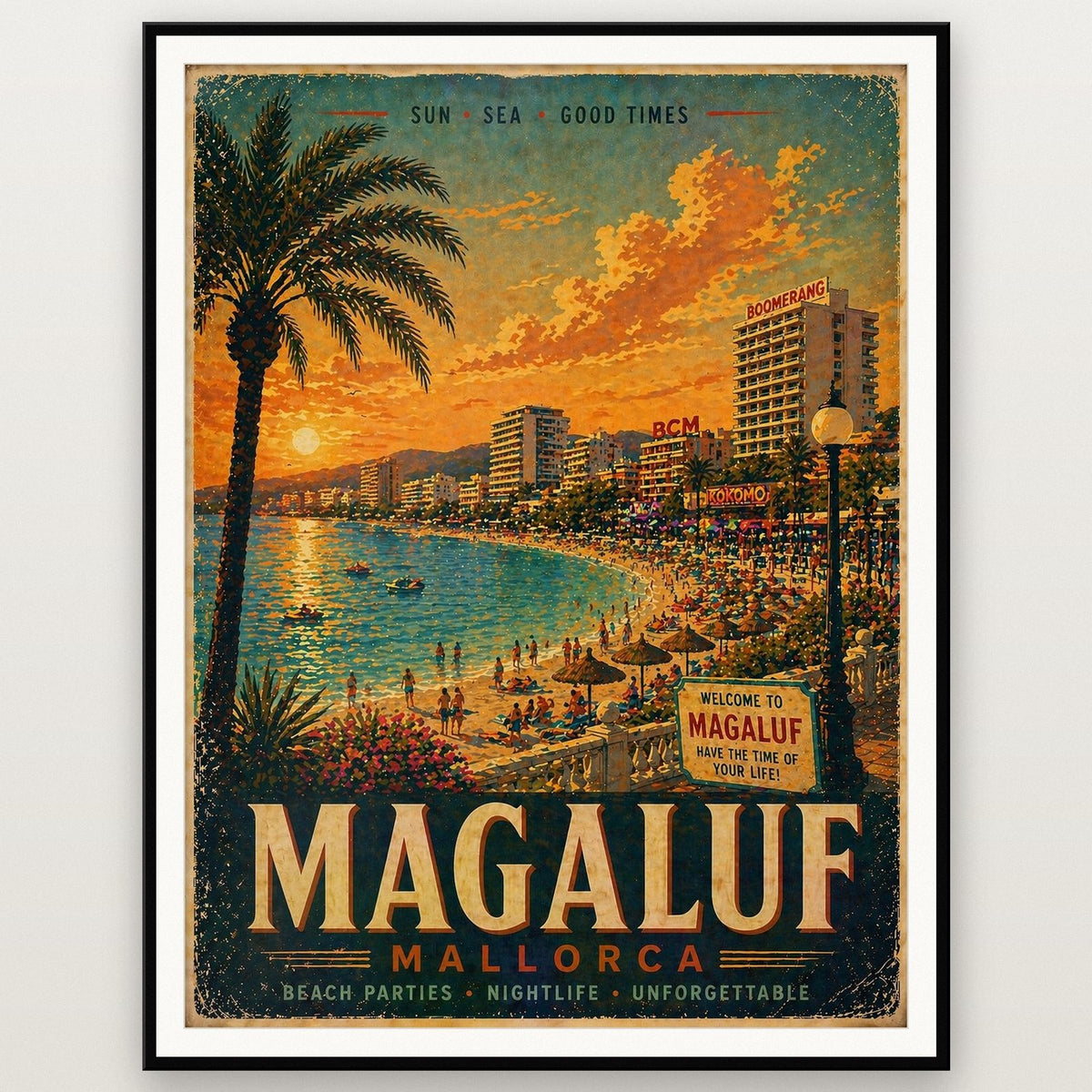 Magaluf Mallorca Travel Poster shown in a black frame