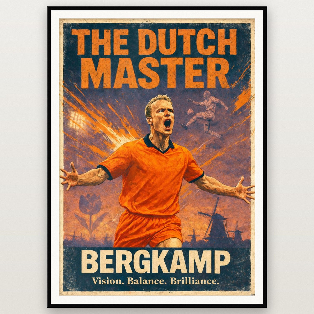Dennis Bergkamp 'The Dutch Master' Football Poster shown in a black frame