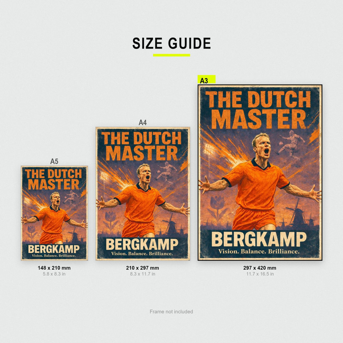 Dennis Bergkamp 'The Dutch Master' Football Poster size guide showing A3, A4 and A5