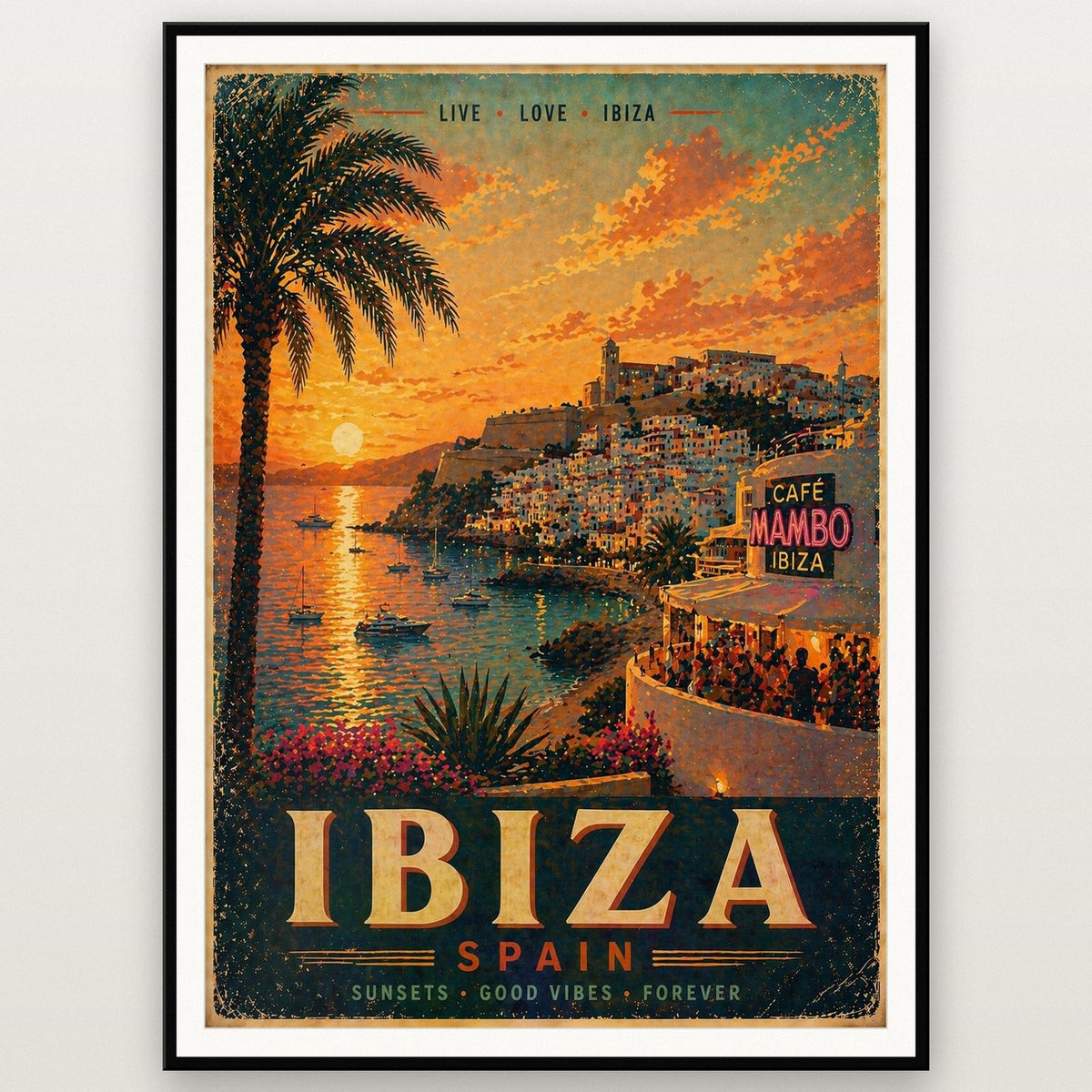 Ibiza Travel Poster shown in a black frame