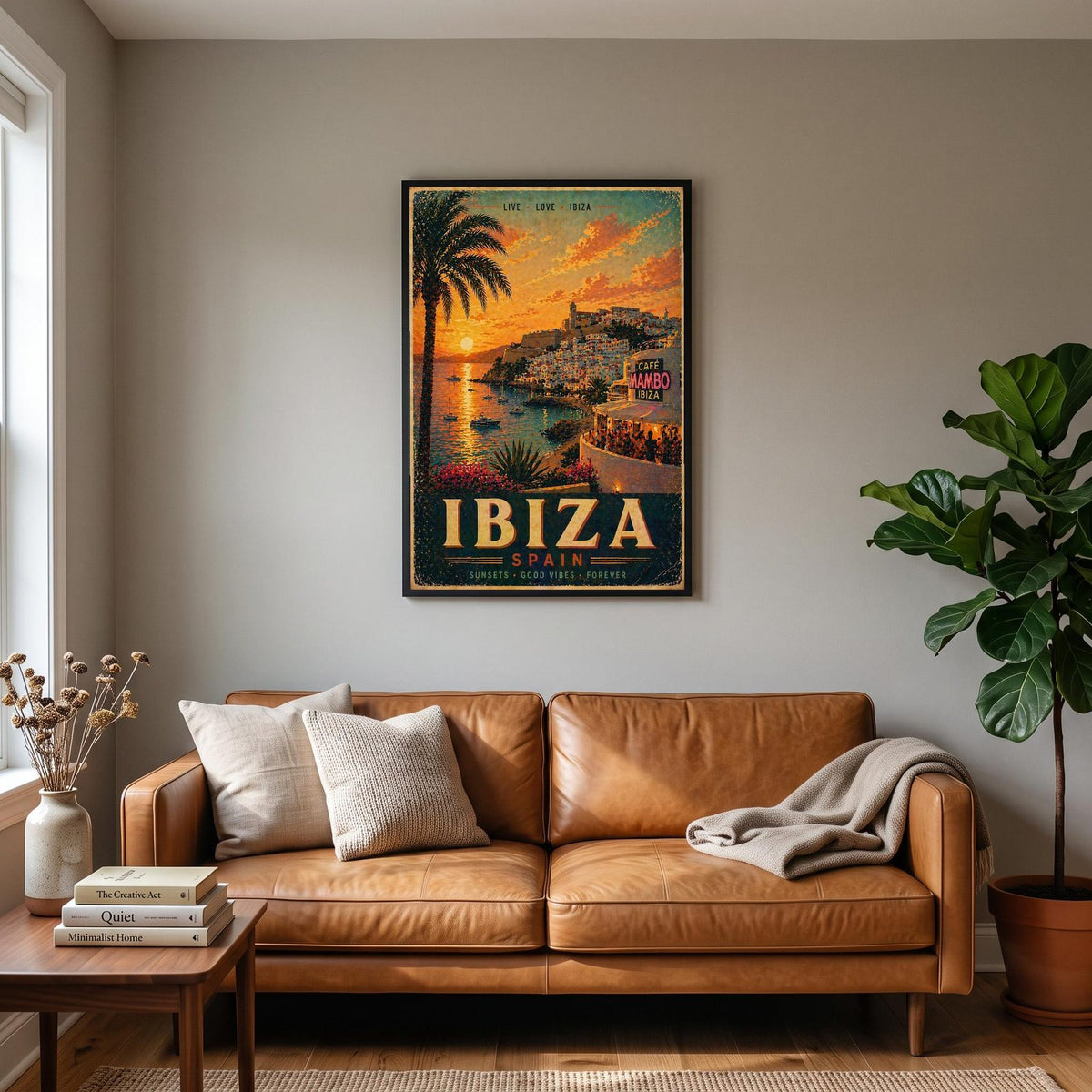 Ibiza Travel Poster hanging on a living room wall