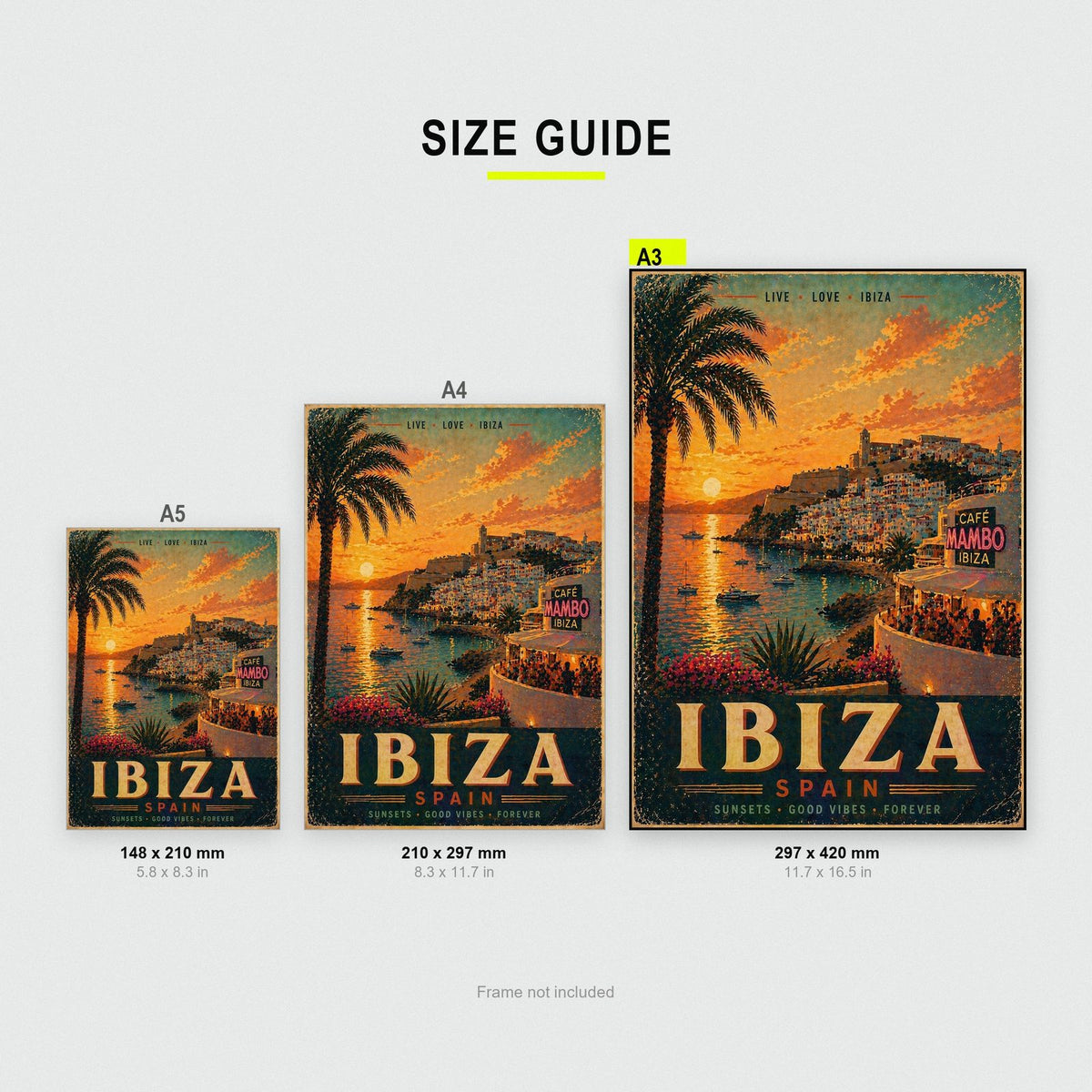 Ibiza Travel Poster size guide showing A3, A4 and A5