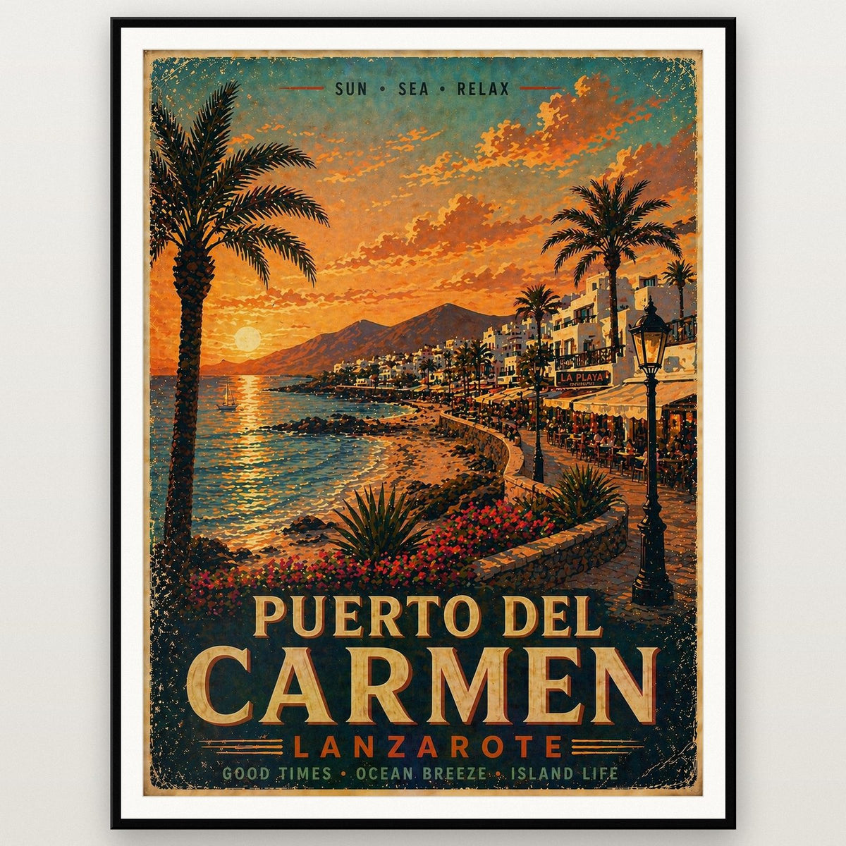 Puerto del Carmen Lanzarote Travel Poster shown in a black frame