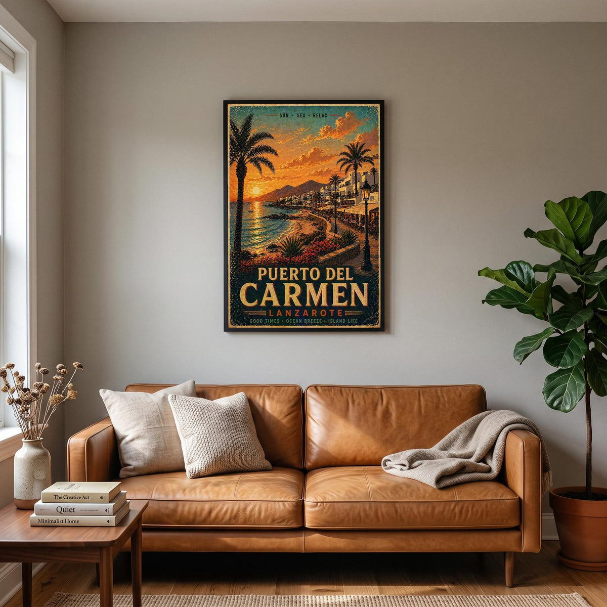 Puerto del Carmen Lanzarote Travel Poster hanging on a living room wall
