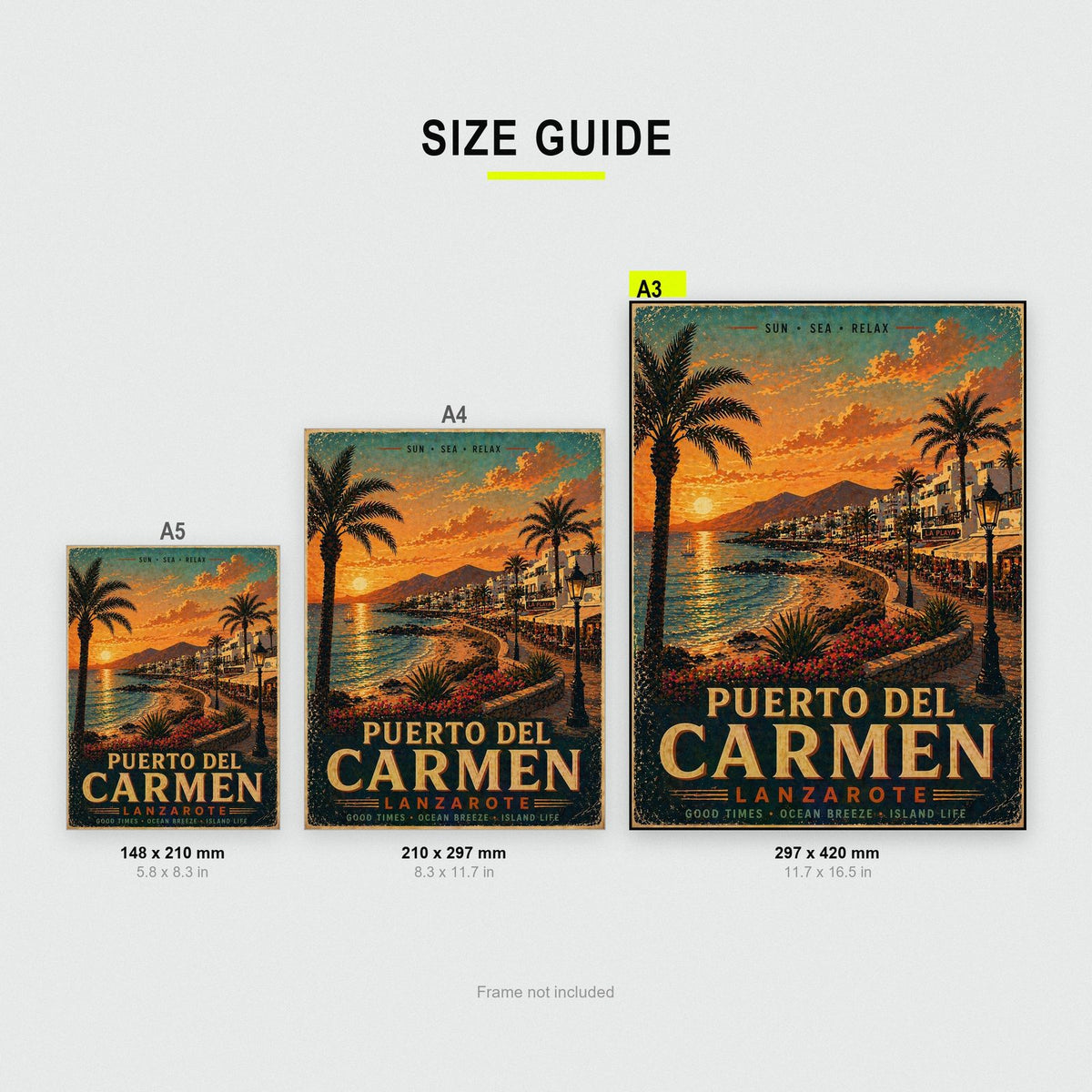 Puerto del Carmen Lanzarote Travel Poster size guide showing A3, A4 and A5