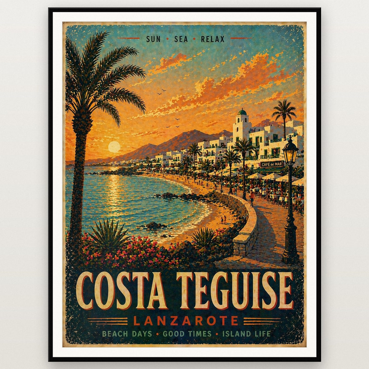 Costa Teguise Lanzarote Vintage Travel Poster shown in a black frame