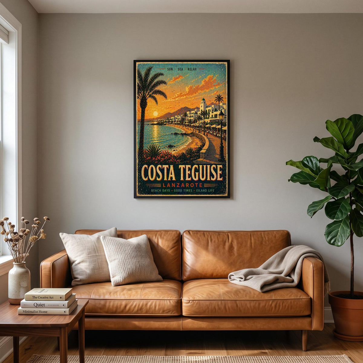Costa Teguise Lanzarote Vintage Travel Poster hanging on a living room wall