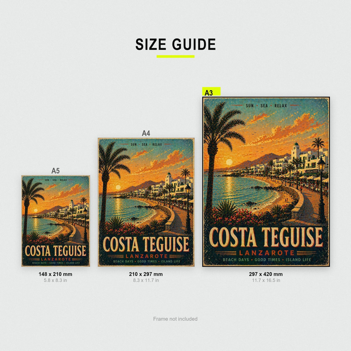 Costa Teguise Lanzarote Vintage Travel Poster size guide showing A3, A4 and A5