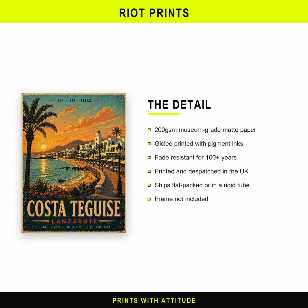 Costa Teguise Lanzarote Vintage Travel Poster paper and printing specification