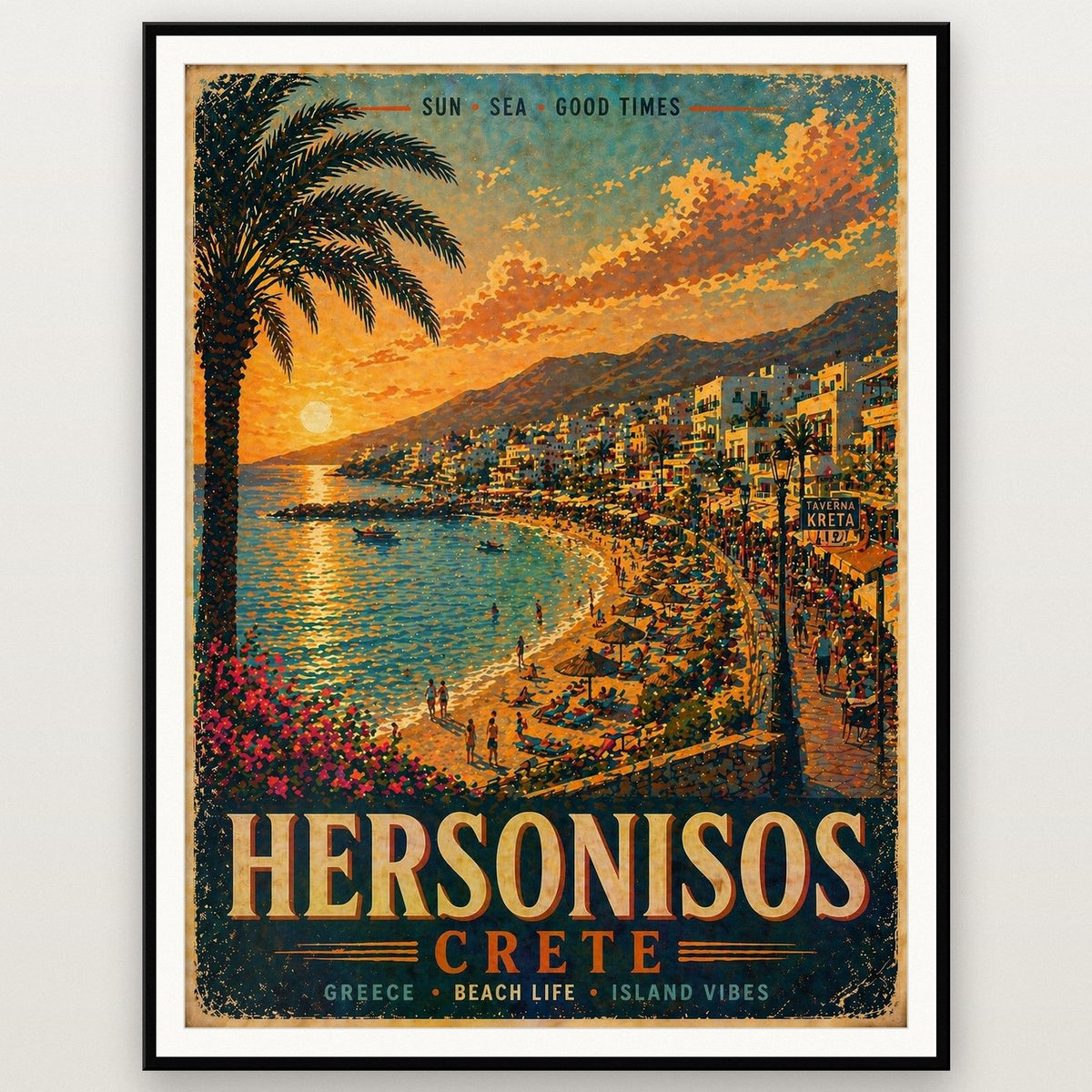 Hersonisos Crete Travel Poster shown in a black frame