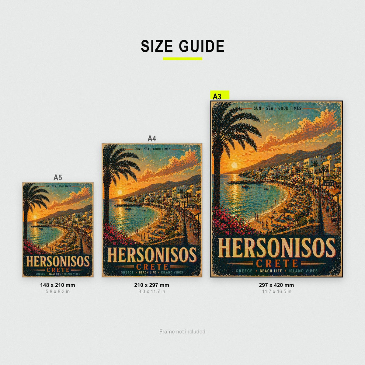 Hersonisos Crete Travel Poster size guide showing A3, A4 and A5