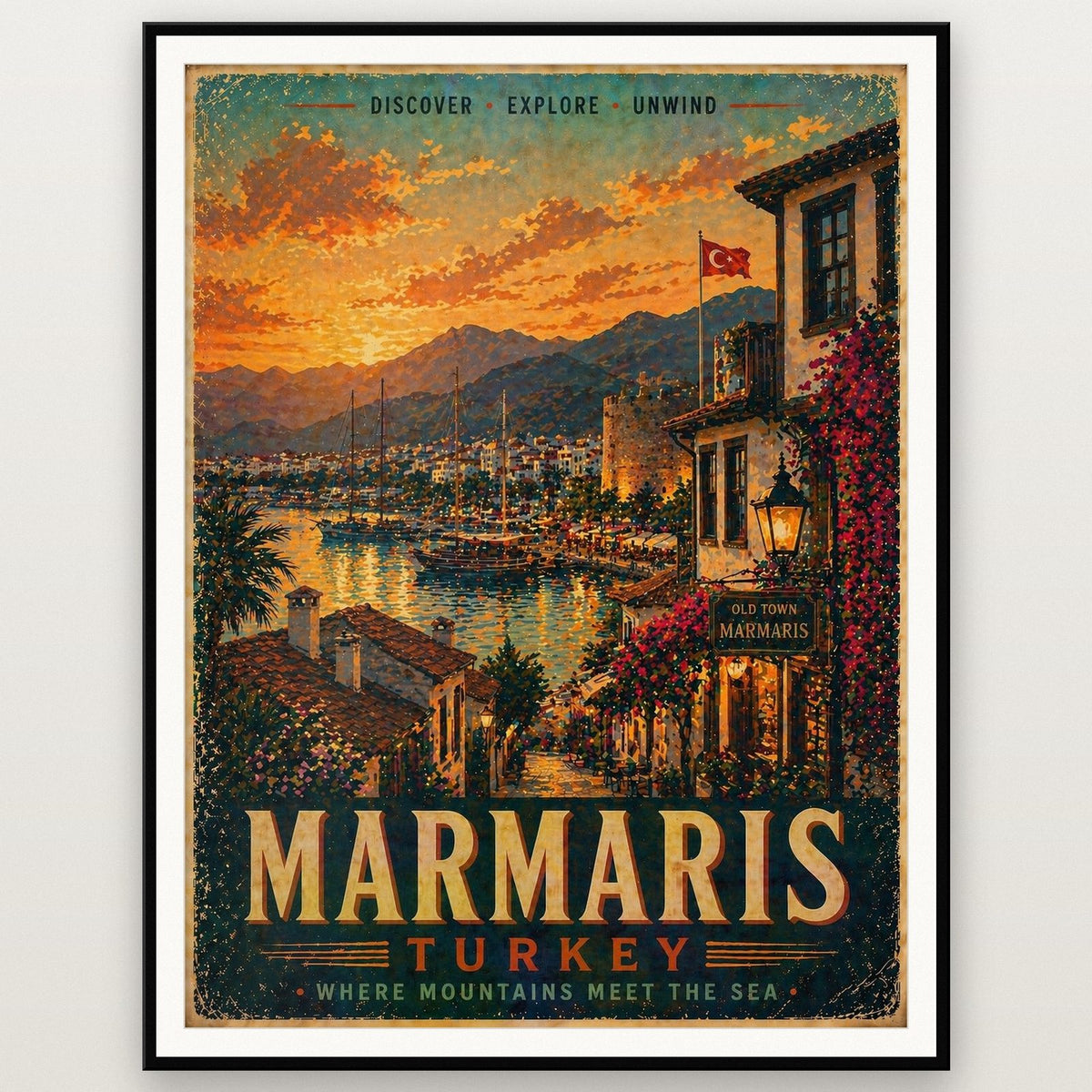 Marmaris Travel Poster shown in a black frame
