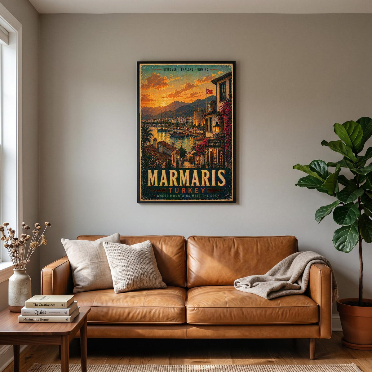 Marmaris Travel Poster hanging on a living room wall