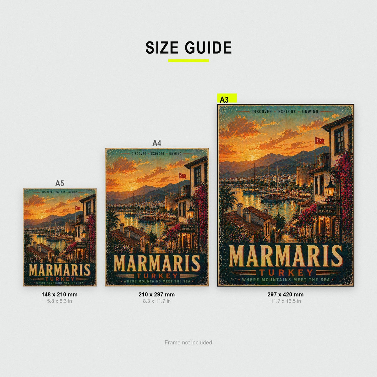 Marmaris Travel Poster size guide showing A3, A4 and A5