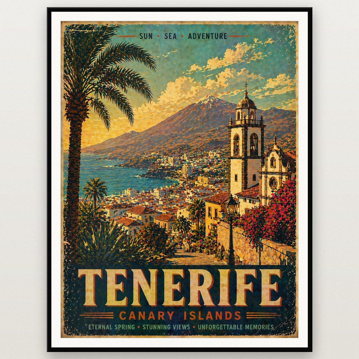 Tenerife Travel Poster shown in a black frame