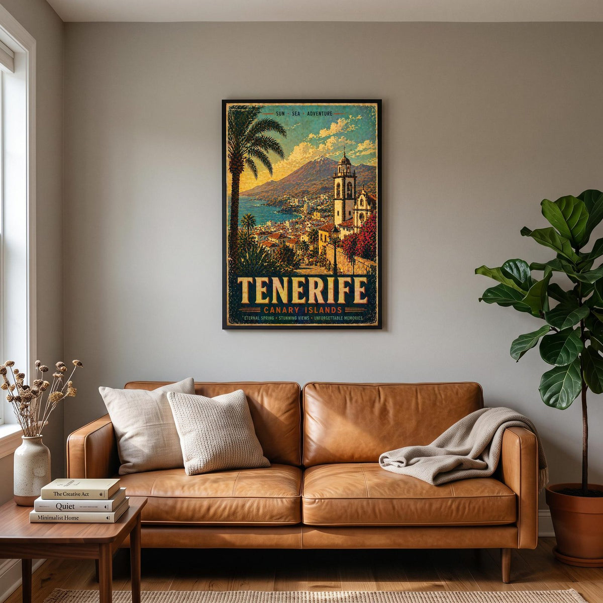 Tenerife Travel Poster hanging on a living room wall