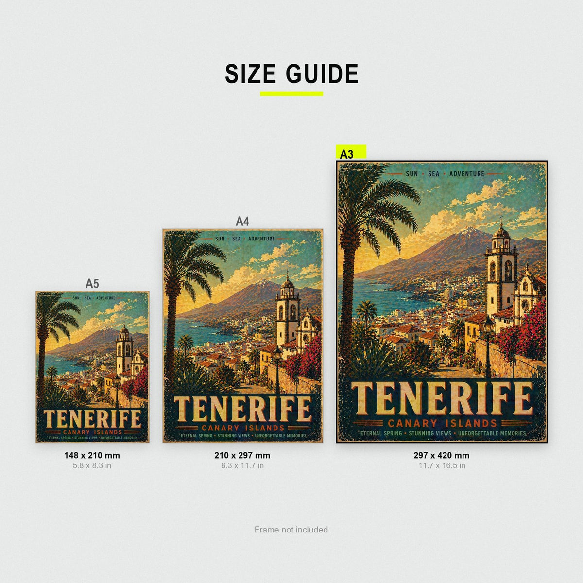 Tenerife Travel Poster size guide showing A3, A4 and A5