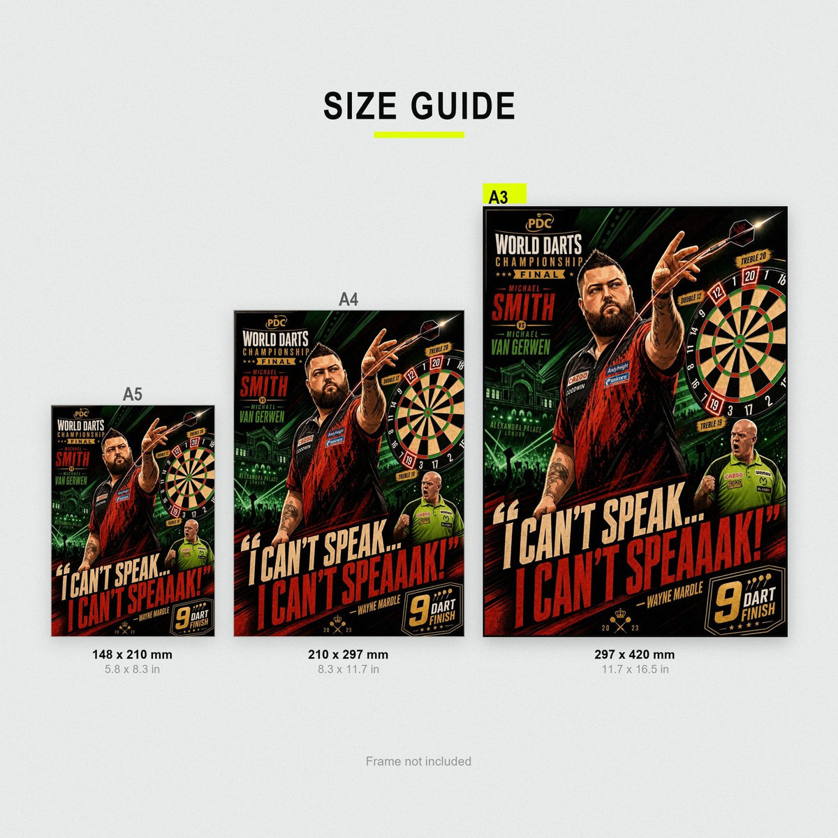 Wayne Mardle Darts Print size guide showing A3, A4 and A5
